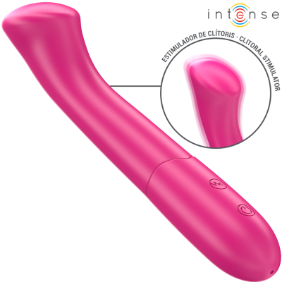 Vibrador rosa curvado com botões de controlo e destaque para estimulador de clitóris