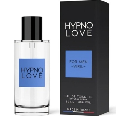 Frasco de perfume transparente com rótulo azul e embalagem preta com texto
