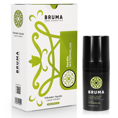 Frasco preto e embalagem branca e verde de vibrador líquido Bruma Sandía Watermelon