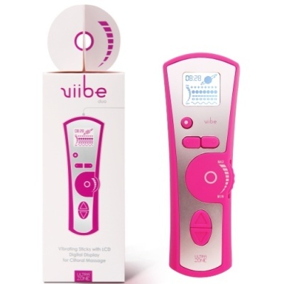 Dispositivo vibratório rosa com ecrã digital e embalagem branca com imagem do produto
