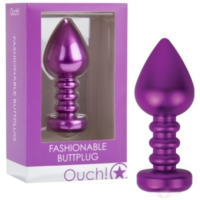Plug anal metálico roxo com embalagem roxa com texto