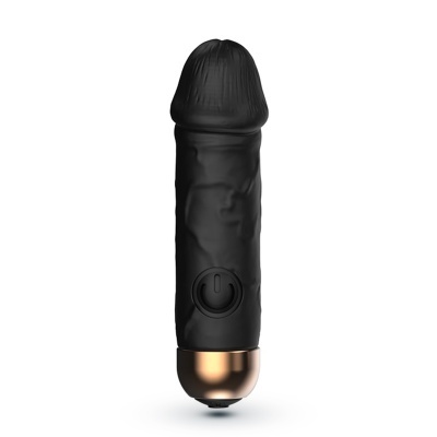 Vibrador preto com botão de ligar e base dourada