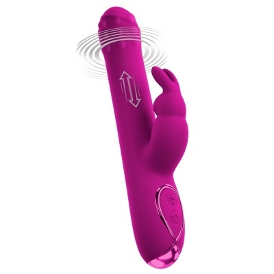 Vibrador rosa de silicone com textura, extensão em forma de coelho e botões de controlo