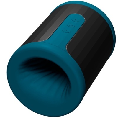 Dispositivo cylindrical preto com rebordo azul e botões de controle na lateral