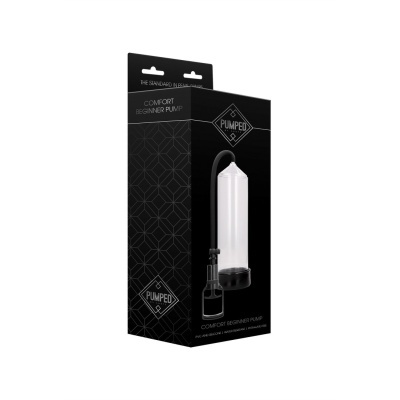 Embalagem preta com bomba de vácuo transparente e texto PUMPED Comfort Beginner Pump