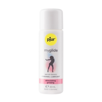 Frasco pequeno branco de lubrificante pessoal à base de água pjur myglide com ginseng