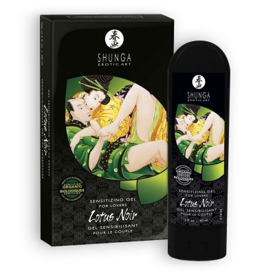 Gel Sensibilizante Lotus Noir Shunga embalagem preta com arte erótica japonesa colorida