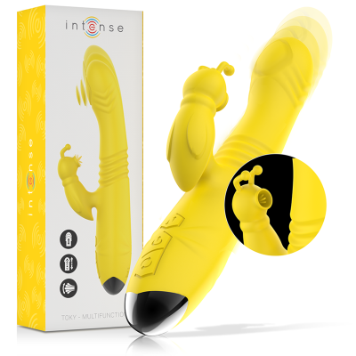 Vibrador amarelo com controlador e embalagem