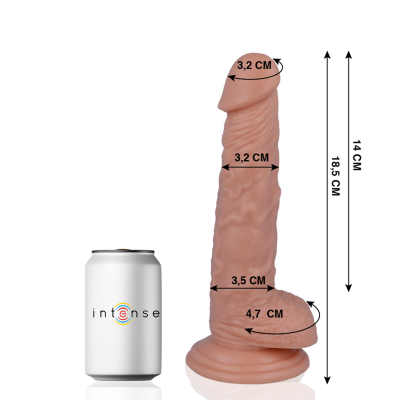 Dildo cor de pele detalhado com medidas e lata branca com texto intense
