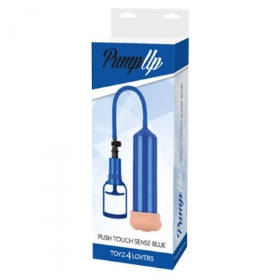 Caixa de embalagem com bomba azul Pump Up e texto PUSH TOUCH SENSE BLUE