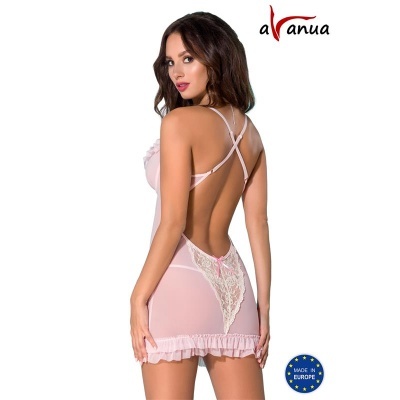 Camisola de noite rosa com detalhes em renda branca e folhos, vista de costas, sobre modelo feminino.