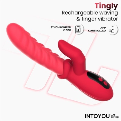 Vibrador vermelho recarregável com controlos e texto promocional