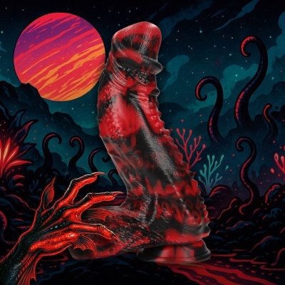 Objeto com textura preta e vermelha em fundo com cenário alienígena e tentáculos.