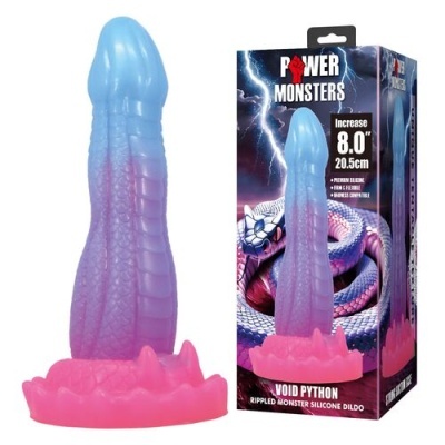Dildo de silicone azul e lilás com base rosa e embalagem com imagem de serpente e texto