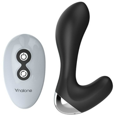 Vibrador preto curvo em silicone com comando remoto branco e botões pretos