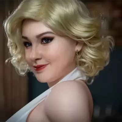 Boneca loira realista com olhos azuis e vestido branco em interior desfocado