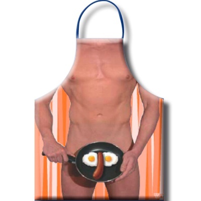 Avental com imagem de corpo nu masculino e frigideira com ovos e salsicha