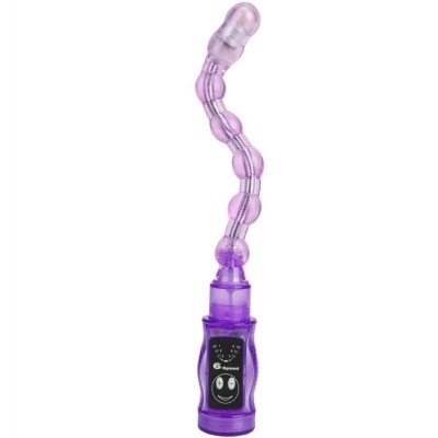Vibrador roxo transparente curvo com controle preto e ícones