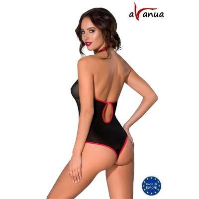 Body preto com detalhes vermelhos visto de costas em modelo feminino