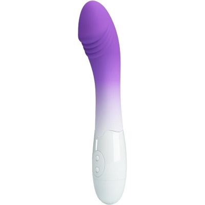 Vibrador roxo e branco com textura ondulada e botões no cabo