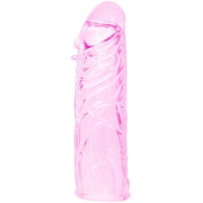 Produto cor-de-rosa translúcido em forma fálica com textura detalhada