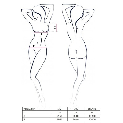 Desenho de duas mulheres a preto e branco com linhas de medição e tabela de tamanhos