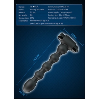 Vibrating Anal beads preto de silicone com dimensões e características técnicas
