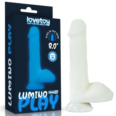 Dildo branco de silicone com ventosa e embalagem preta com texto azul luminoso