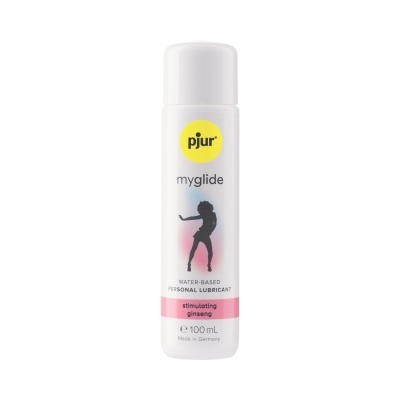 Frasco branco de lubrificante pessoal pjur myglide com texto e silhueta feminina