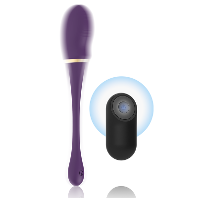 Vibrador roxo com controlo remoto preto e botão azul