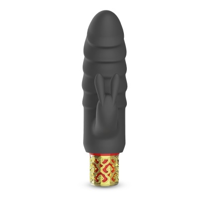 Vibrador em silicone preto com base decorativa dourada e vermelha