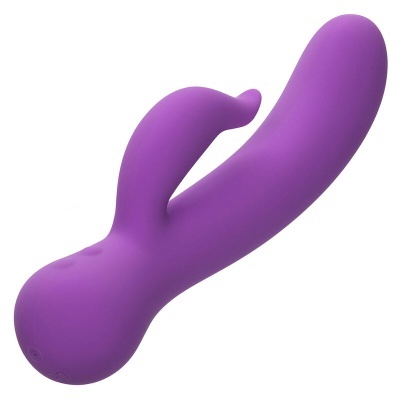 vibrador roxo em silicone com duas extremidades curvas