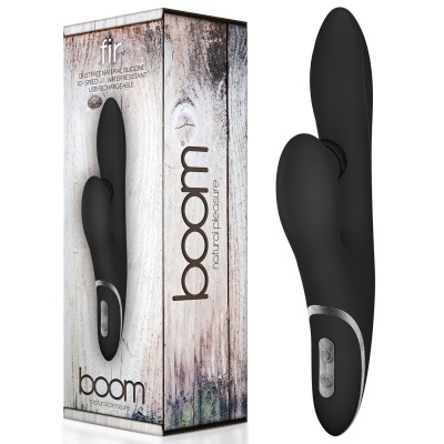 Vibrador preto em silicone com dois botões junto embalagem com design madeira e texto