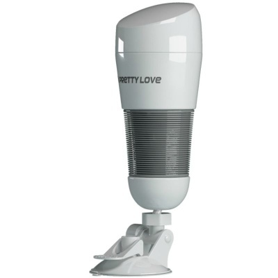 Dispositivo branco cilíndrico com texto PRETTY LOVE e base com ventosa