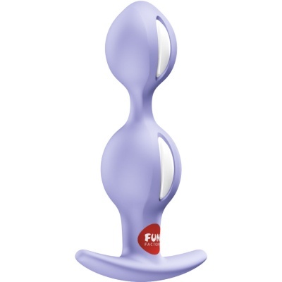 Produto de silicone lilás com duas esferas e base larga curva com etiqueta FUN FACTORY