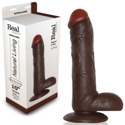 Dildo castanho com textura realista e embalagem branca