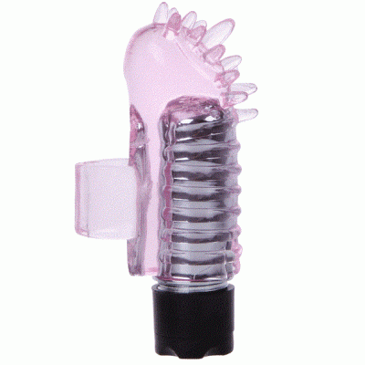 Brinquedo erótico de silicone transparente e rosa com textura e base preta