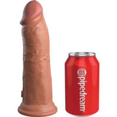 Dildo realista cor pele ao lado de lata vermelha com texto pipedream