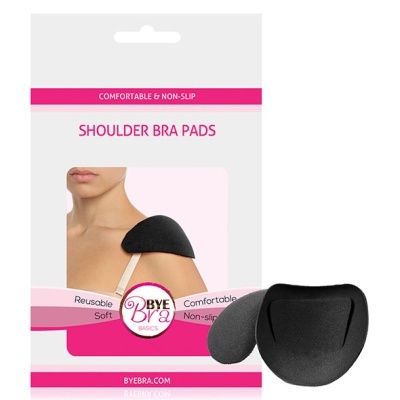 Almofadas pretas para alças de soutien em embalagem com texto em rosa e branco