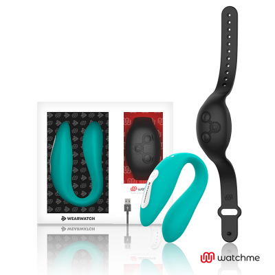 Conjunto WearWatch com dispositivo em U verde água, comando preto e bracelete preta em fundo branco.