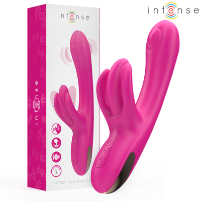Vibrador rosa multifuncional com três braços e controlos com caixa associada