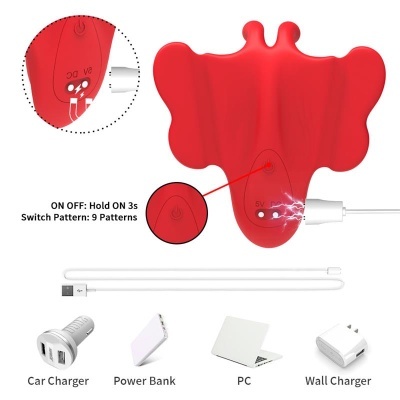 Dispositivo vermelho em forma de borboleta com cabo de carregamento USB branco