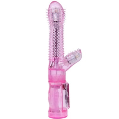 Vibrador rosa com textura pontilhada e extensão lateral