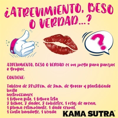 Caixa de jogo para casais com texto em espanhol e itens listados, marca Kama Sutra