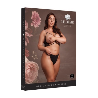 Embalagem lingerie preta LE DÉSIR AMOUR com modelo e flores cor-de-rosa
