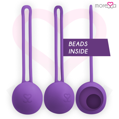 Conjunto de três bolas roxas de silicone com alça longa e texto BEADS INSIDE