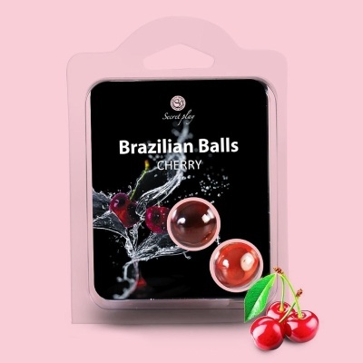Embalagem do produto Brazilian Balls Cherry com imagem de cerejas e bolas vermelhas