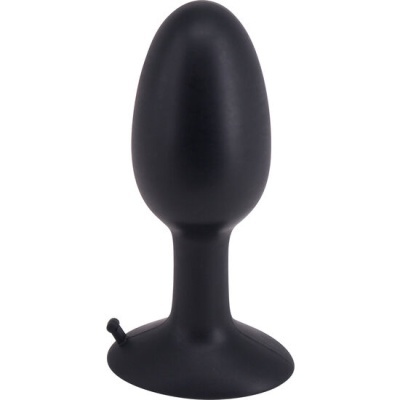 Plug anal preto em silicone com base larga e válvula para enchimento