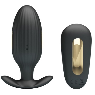 Dispositivo preto e dourado com base em forma de asa e marcações DC, CE e símbolo de lixeira riscada