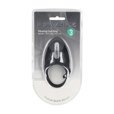 Anel vibrador preto LEVELZ em embalagem transparente e cinza